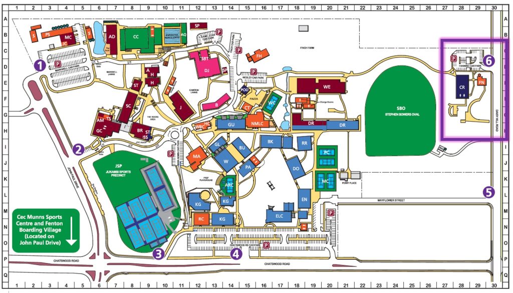 Detailed site map of the Jukambi Sports Precinct showing roads, buildings, and six highlighted zones marked 1–6 with a parking area on the right.